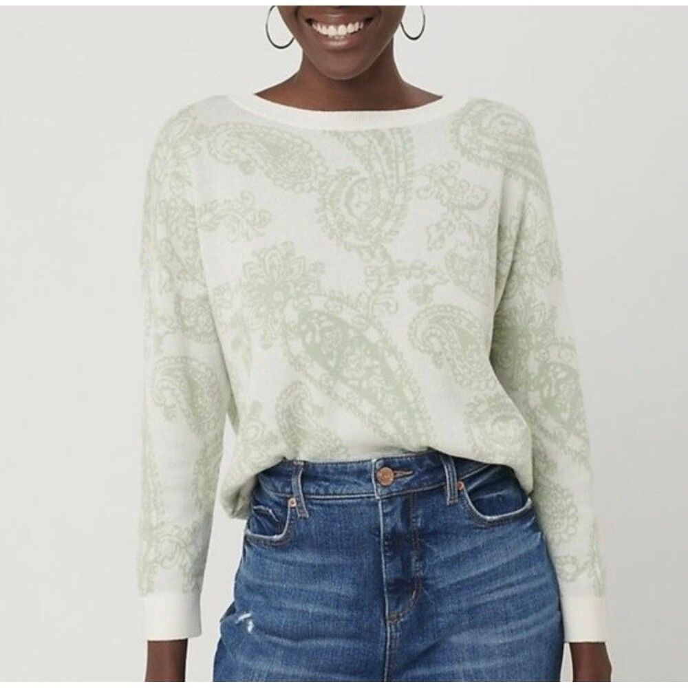 LOFT Sweater Womens Small Sage Green Paisley Print Crew Neck Cotton Pullover NEW